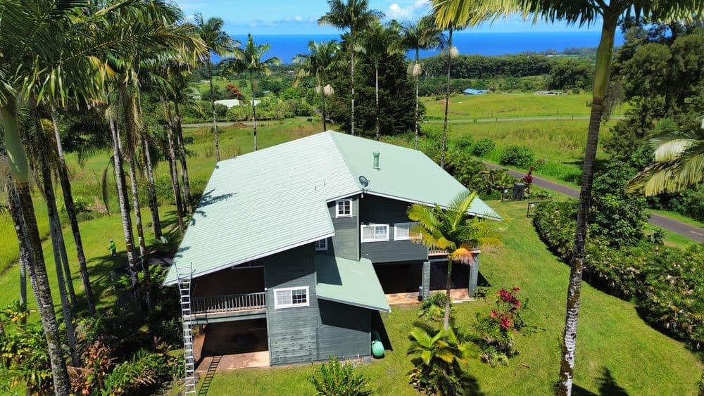 Aerial view of a gray house surrounded by palm trees and lush greenery with ocean in the background.